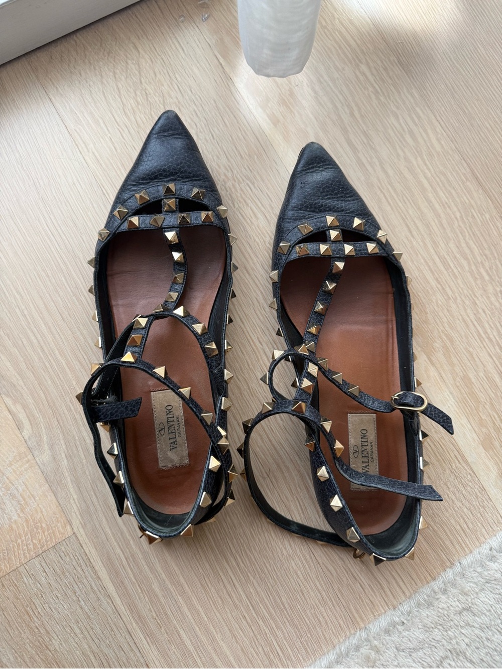 Navy Valentino Rockstud Flats with Ankle Straps, Pointed Toe - size 38